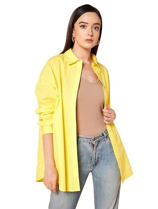 HIGH STAR Women's Cotton Oversized Fit Solid Spread Collar Shirt