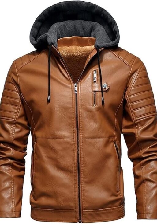 Pomo-Z Men’s Casual Stylish Premium PU Leather Zip-Up Motorcycle Bomber Jacket With a Removable Hood