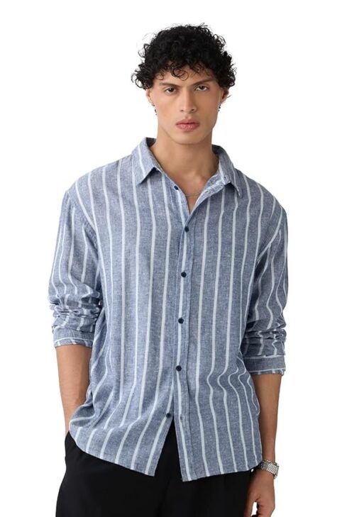 The Souled Store Cotton Linen Stripes: Nautical Men and Boys Long Sleeves Collared Neck Button Front Grey Striped Regular Fit Lightweight Summer Cotton Linen Shirts
