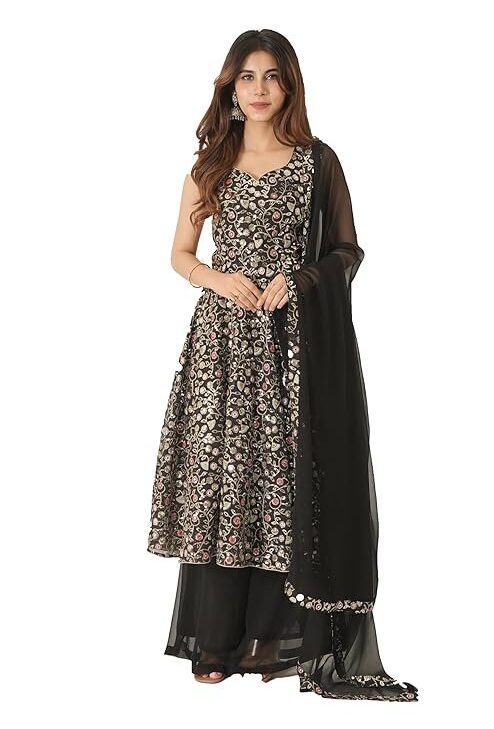 Roy Creation Women's Embroidered Anarkali with Pallazo | Embroidered Georgette | Black with Multicolor Embroidery | At-tude Design Studio