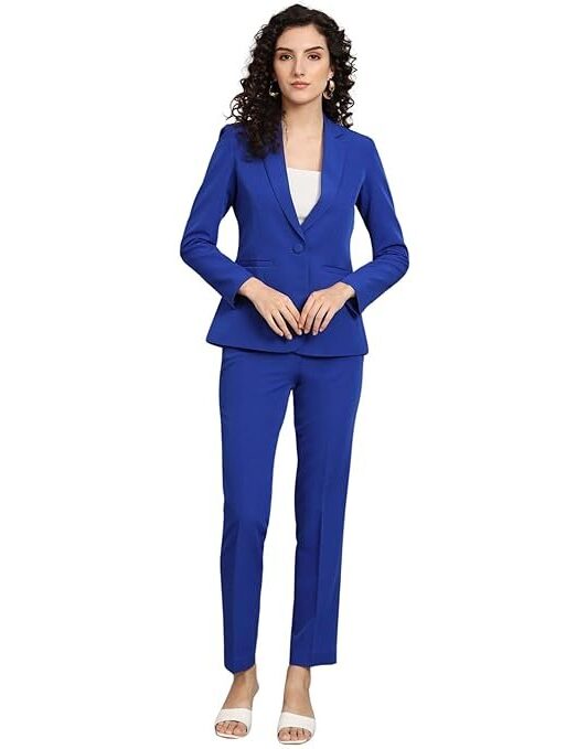 Powersutra Women's Ink Blue Notch Collar Stretch Suit with Blazer & Trousers | Single-Breasted | Button Closure | Elastic Waist Pants
