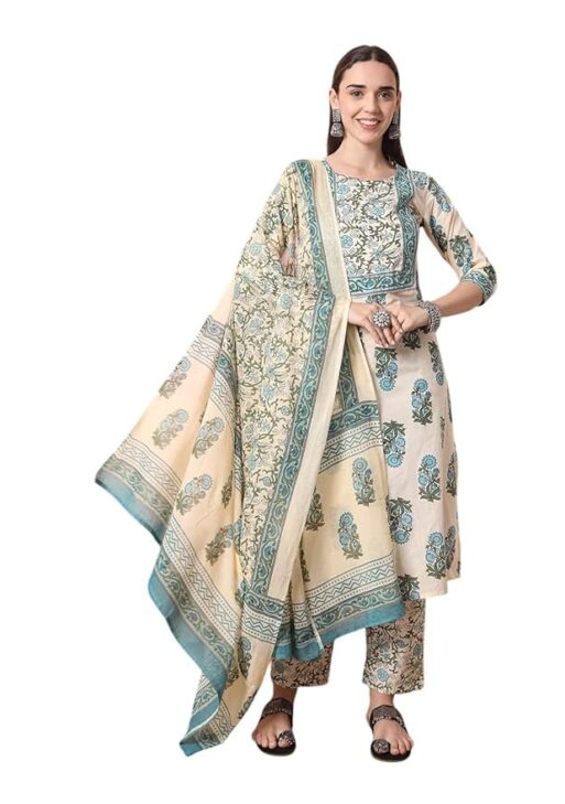 YUFTA cream pure cotton kurta set with pant & dupatta