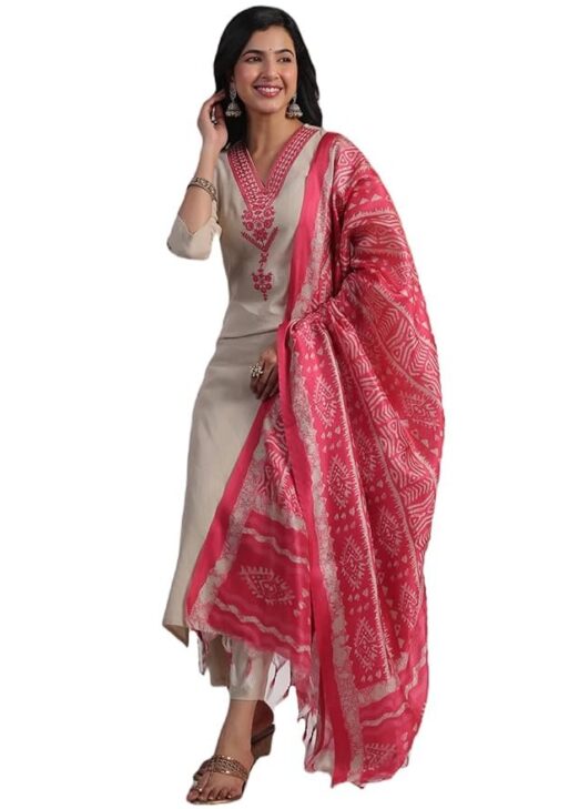 GoSriKi Women's Rayon Blend Embroidered Straight Kurta with Pant & Dupatta