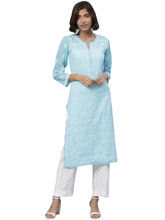 Ada Women's Hand Embroidered Lucknow Chikankari Georgette Kurta with Palazzo
