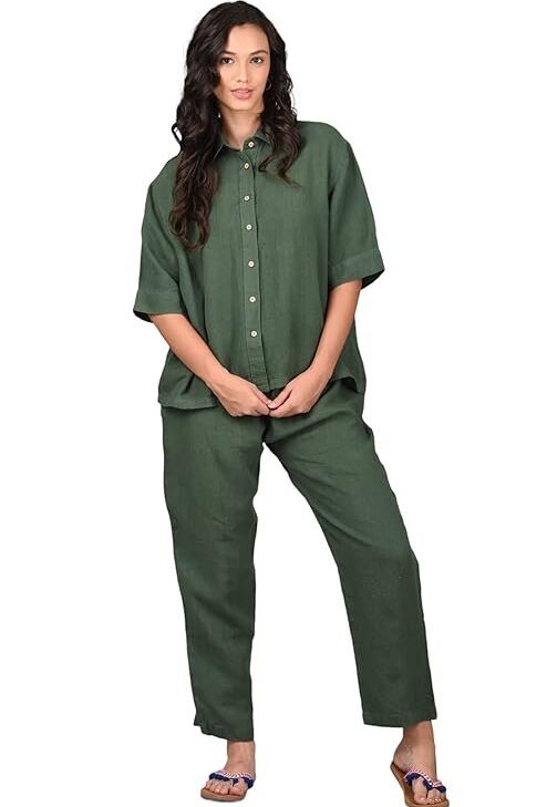 Linen Options Green Women's Shirt and Pyjama Set,Collar Neck Half Shirt and Full Pant Set for Women,Linen Material Comfortable Night Suit Set/Pyjama Set/Sleepwear/Loungewear for Women