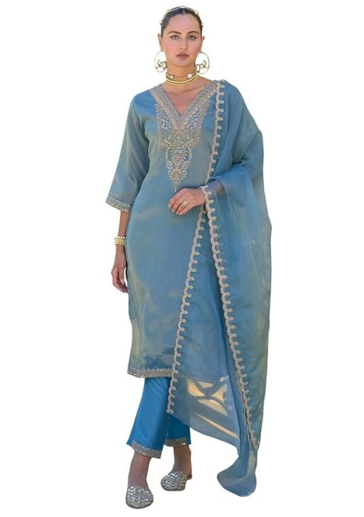 INDO ERA Women's Black Silk Blend Embroidered Straight Kurta & Pant with Dupatta Set (