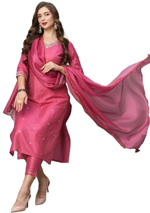 GoSriKi Women's Cotton Blend Floral Straight Kurta with Pant & Dupatta