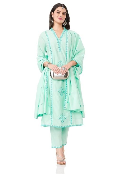Myx Women's Embroidered Cotton Kurta Pant Set with Dupatta