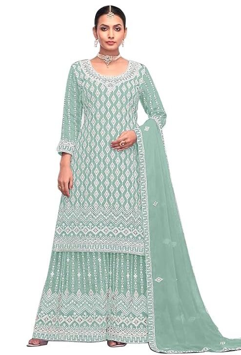 SHAZIYA Designer Embroidered Georgette Sharara Suit for Women Ethnic Indian Dress with Dupatta Elegant Traditional Salwar Suit Set for Weddings