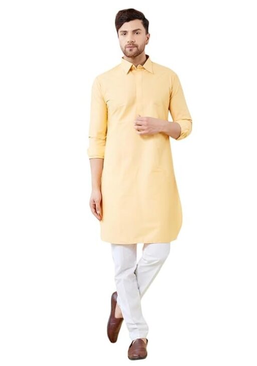 See Designs Men Cotton Solid Spread Collar Curved Hem Side Slit Full Sleeve Pathani Kurta with Pyjama