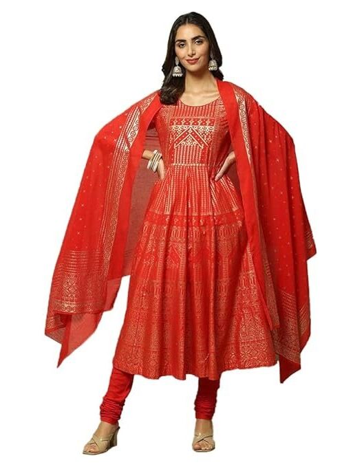 BIBA Women Cotton Anarkali Kurta Churidar Suit Set