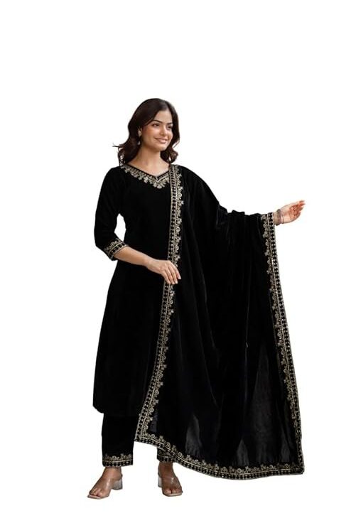 TRENDMALLS Women's Velvet Embroidery Salwar Suit Set Kurta Pant with Dupatta for Women