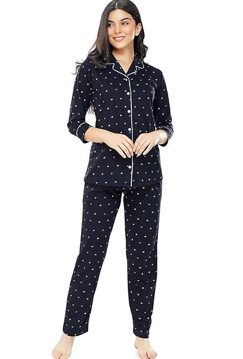 ZEYO Women's Cotton Heart Printed Night Suit set of Shirt & Pajama