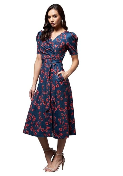 Miss Chase Women's Multicolored-Base-Blue V-Neck Pleated Puff Sleeve Floral Wrap Midi Polyester Dress