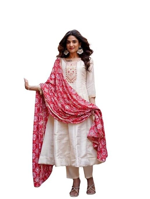 GEETHA CREATION Classic Red & Ivory Ethnic Dress for Women – Embroidered Silk Ensemble with Dupatta