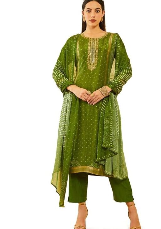 Soch Womens Brocade Bandhani Printed Suit Set with Mirror Work