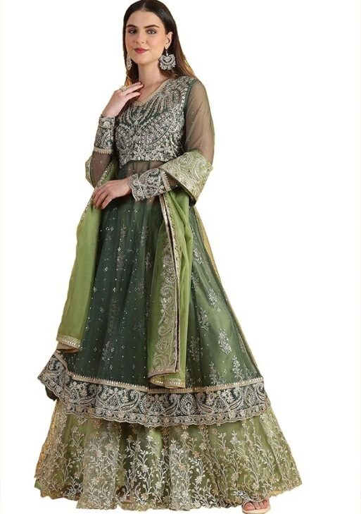 Wishful Women's Green Metallic Embroidery Mesh Flared Kurta & Skirt with Dupatta Set