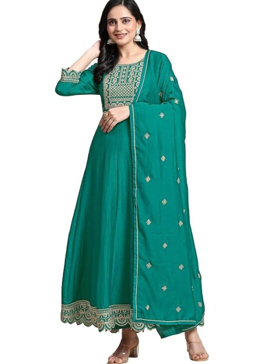 TRENDMALLS Women's Art Silk Embroidery Salwar Suit Set A line Pleated Kurta Pant with Dupatta
