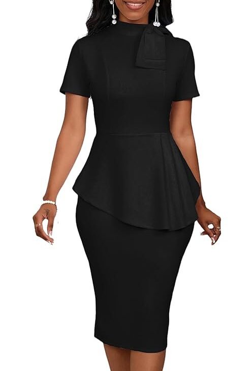 Women's Fashion Peplum Bodycon Short Sleeve Work Dresses Bow Club Ruffle Pencil Formal Cocktail Dress