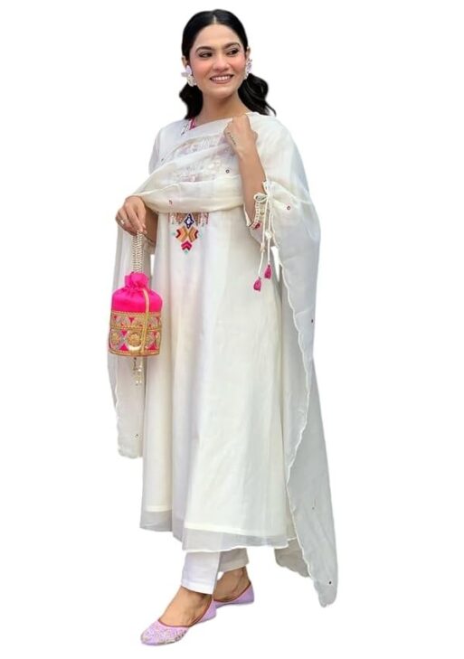 NEW DHARINI Women's Cotton Mirror Work Embroidered Straight Kurti with Pant and Dupatta Set