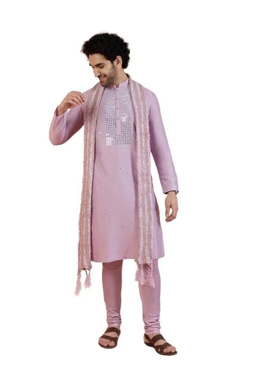 KISAH Men Onion Pink Embellished Kurta Churidar Dupatta Set with Mirror work
