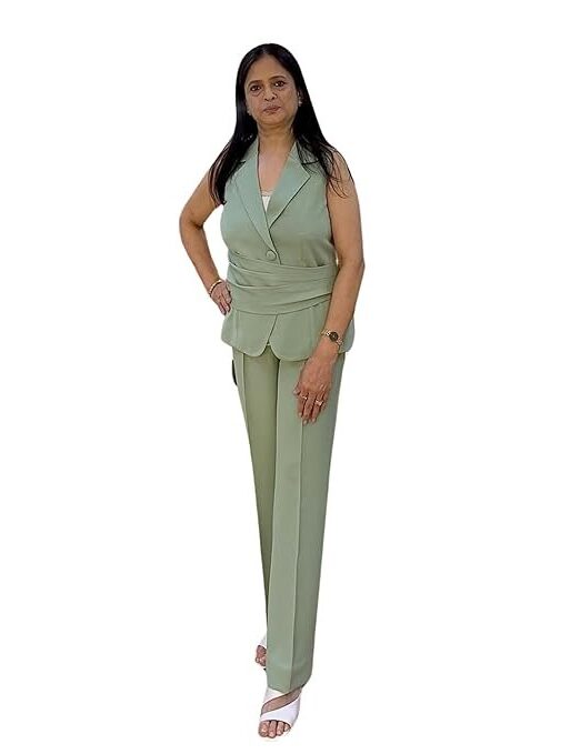 The Prisella Sage Green Italian Crepe Co-Ord Suit Set for Women | 2-Piece Formal & Casual Wear Outfit | Elegant Office Wear Top and Trousers Set