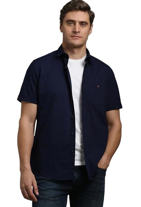 Louis Philippe Men's Textured Premium Cotton Slim fit Linen Blend Half Sleeve Casual Shirt with Soft Hand Feel