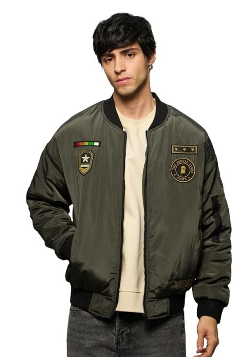 The Souled Store Bomber Jacket: Souled Army Men and Boys Long Sleeves Band Collar Zipper Front Olive Embroidered Polyester Oversized Puffer Jackets