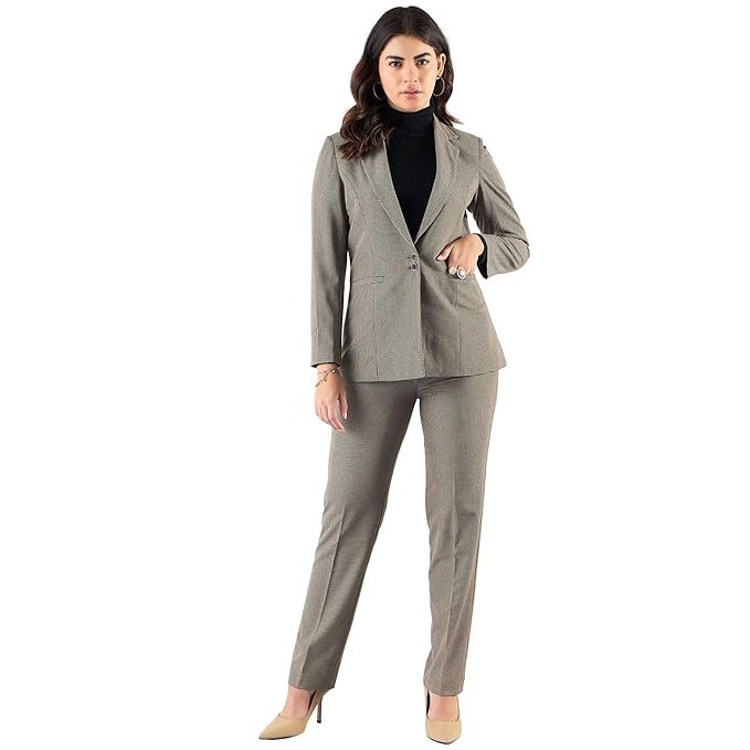 Powersutra Women’s Formal Checkered Blazer and Trouser Set | Notched Lapel Blazer with Tailored Mid-Waist Pants | 4-Way Stretch, Breathable, Wrinkle-Resistant Suit
