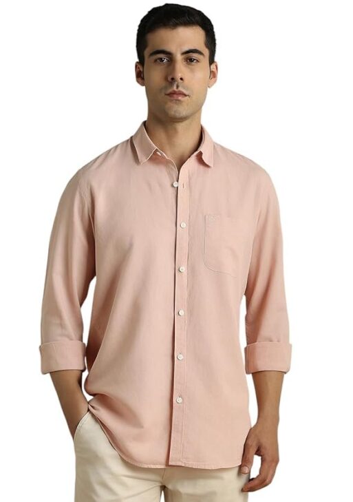 Peter England Men Cotton Linen Blend Slim Fit Solid Shirt Full Sleeves, Casual Wear
