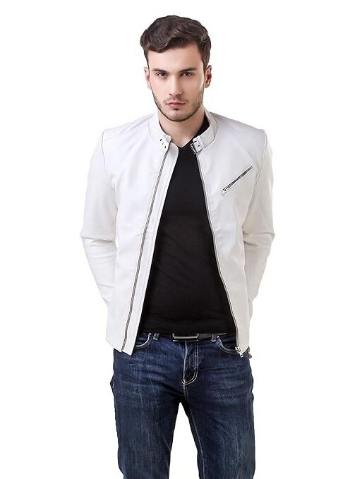 Leather Retail Faux Leather Men's White Solid Biker Jacket