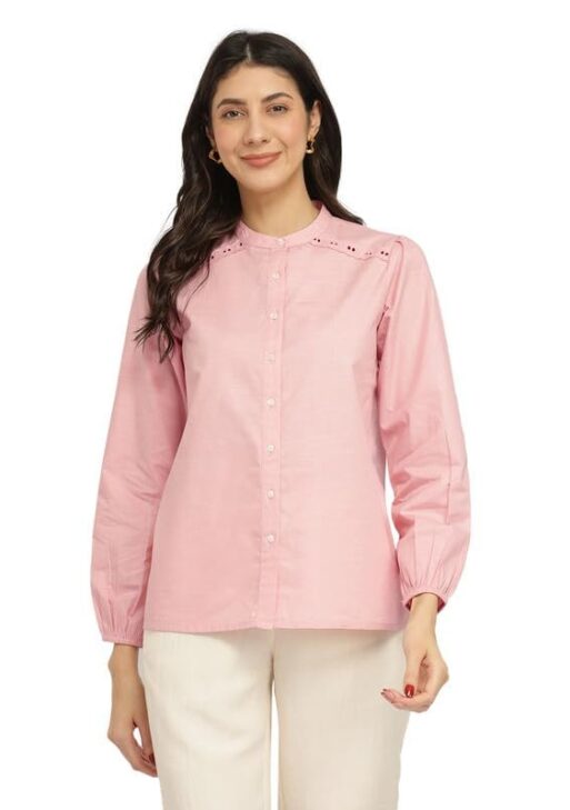 FableStreet Cotton Blend Mandarin Collar Top - Pink
