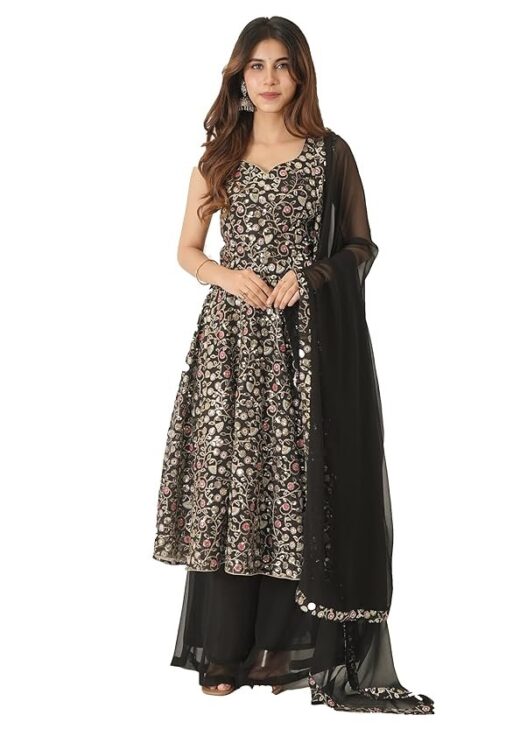 Roy Creation Women's Embroidered Anarkali with Pallazo | Embroidered Georgette | Black with Multicolor Embroidery | At-tude Design Studio