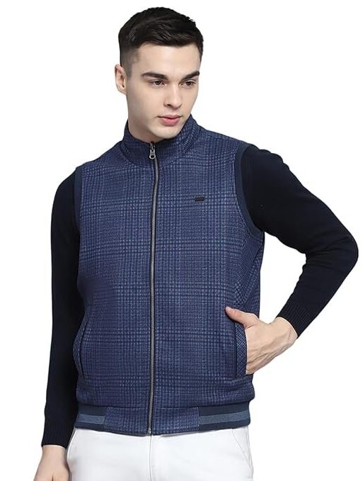 Monte Carlo Mens Solid Blue Mock Neck Sleeveless Jacket