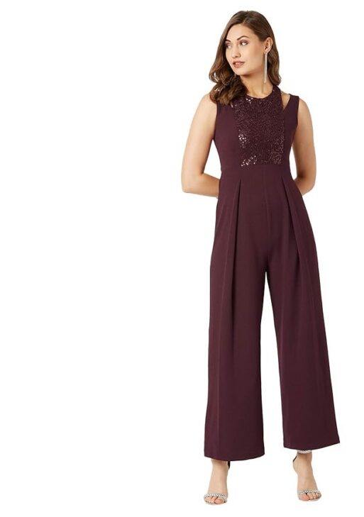 Miss Chase Women's Halter Neck Sleeveless Solid Wide Leg Sequin Paneled Regular Length Jumpsuit