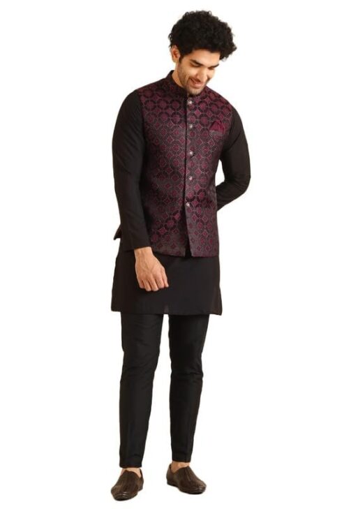 KISAH Men's Kurta Jacket Trouser Set, Burgundy Jacquard, Woven Design Regular Fit Mandarin Collar Long Sleeves