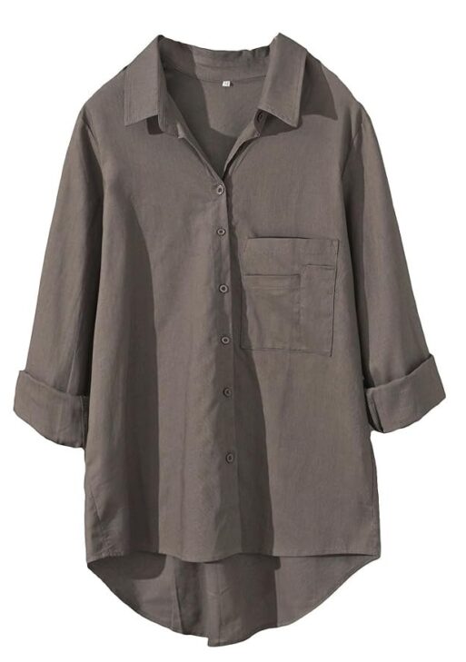Minibee Women's Casual Cotton Linen Blouse Plus Size High Low Shirt Long Sleeve Tops
