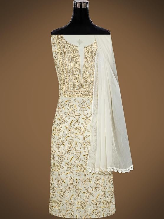 Ada Hand Embroidered Lucknowi Chikankari Unstitched Cotton Dress Material Suit Piece with Dupatta for Women 01A829724 Vanilla Yellow