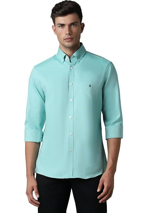 Louis Philippe Men's Easy to Care Cotton Slim fit Solid Casual Shirt with Natural Stretch