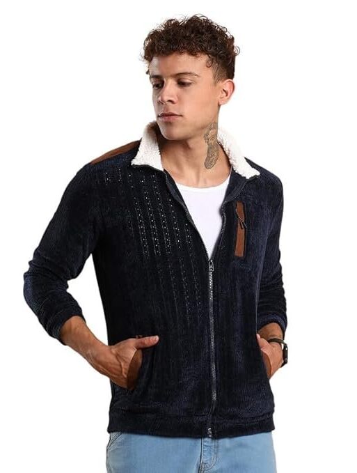 Campus Sutra Men's Zip-Front Jacket With Fleece Collar For Casual Wear | Spread Collar | Long Sleeve | Zipper Closure | Jacket Crafted With Comfort Fit For Everyday Wear