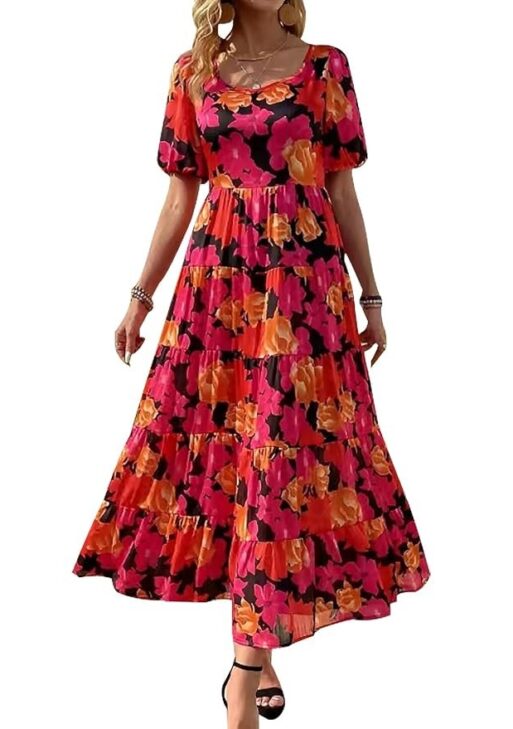 PRETTYGARDEN Womens Dresses 2024 Puff Sleeve Floral Casual Summer Dresses Smocked Backless Beach Flowy Tiered Maxi Dress