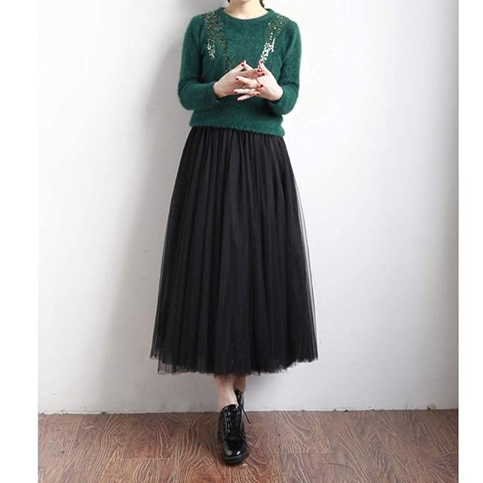 LBKKC Women's Midi Tulle Skirt Elastic Waist 3 Layered Mesh Formal Prom Party Tutu Skirt A Line