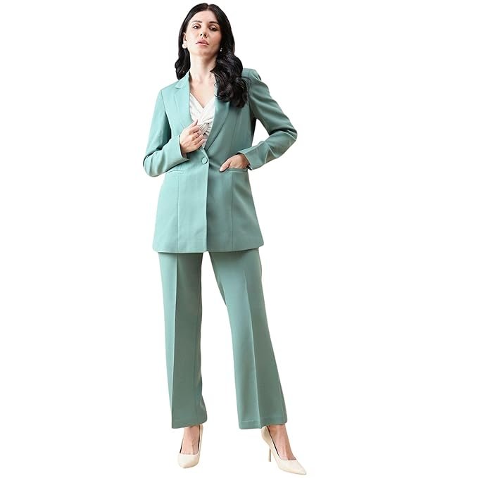 Powersutra Women's Sage Green Notch Collar Stretch Suit with Blazer & Trousers | Single-Breasted | Button Closure | Elastic Waist Pants