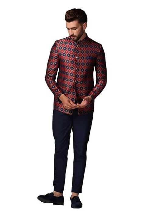 KISAH Mens Jodhpuri Bandhgala Trouser Set Silk Blend Jacquard, Ethnic Wear for Men, Maroon