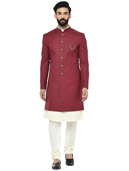 KISAH Men Maroon Solid Kurta Indo-Western Sherwani Set Indo-Western, Full Sleaves, Knee Length, Straight, Regular Fit, Mandarin Collar Ethnic wear