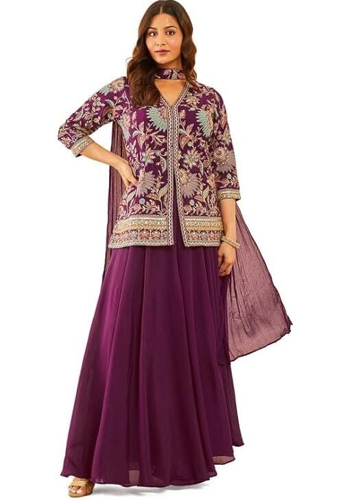 Soch Womens Wine Embroidered Chinon Sharara Suit with Dupatta