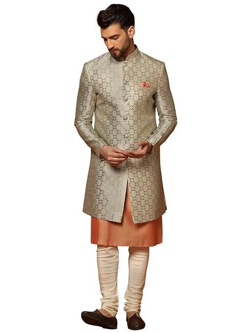 KISAH Men's Grey and Orange Indo-Western Kurta Sherwani Churidar Set Cotton Full Sleaves, Knee Length, Straight, Regular Fit, Mandarin Collar Ethnic Wear