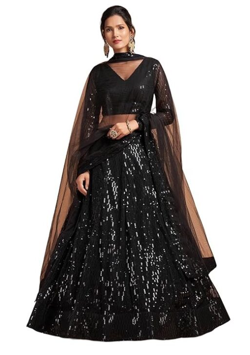 Zeel Clothing Women's Black Soft Net Sequins Embroidered Semi-Stitched New Lehenga Choli with Dupatta