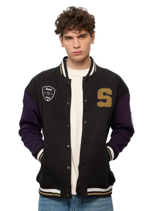 The Souled Store Souled Originals Jacket: Varsity Men and Boys Long Sleeves Band Neck Black Cotton Blend Oversized Varsity Jackets