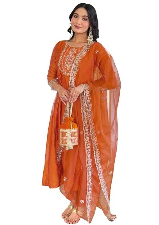 Naixa Women's Vichitra Silk Embroidered Straight Kurta with Pant and Dupatta Sets